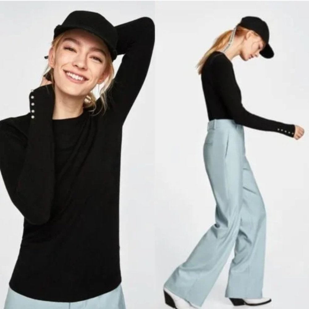 ❌ SOLD ❌  ZARA Black Knit Sweater with Pearl Cuffs - Picture 4 of 9
